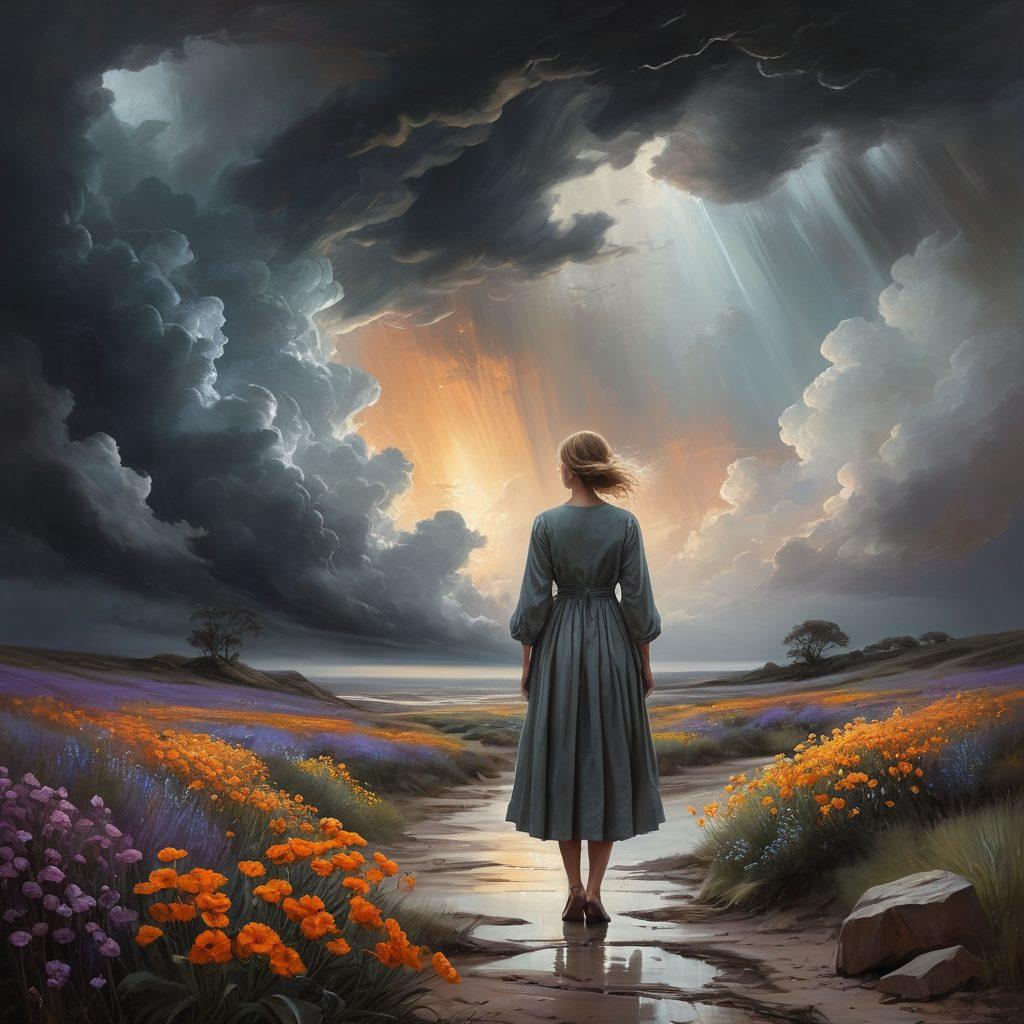 A surreal landscape transitioning from dark, stormy clouds in one corner to radiant sunlight breaking through in another, symbolizing the journey from gloom to grace. In the foreground, a delicate figure with an expressive look is skillfully painting a canvas that captures both sadness and hope, blending grey tones with vibrant pastels. Surrounding the scene are symbolic elements like wilting flowers that bloom into life as they near the light. The overall atmosphere evokes a sense of transformation and artistry. vivid colors. painterly style. ethereal light.
