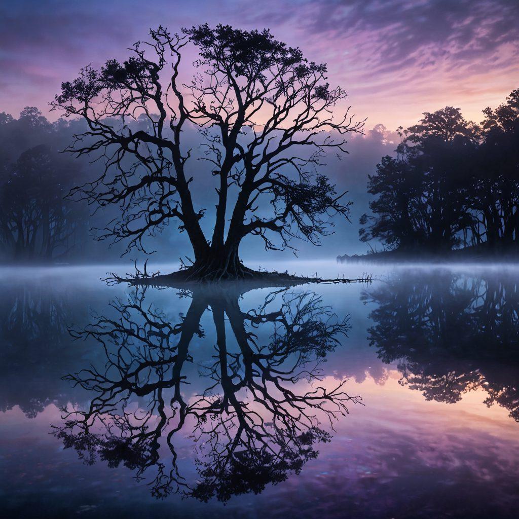 A captivating surreal landscape depicting a melancholic twilight scene, where shadowy silhouettes of withered trees emerge from thick fog. In the foreground, a reflective pool of water mirrors the somber sky, infused with deep purples and muted blues. Ethereal wisps of mist swirl around, creating an atmosphere of introspection and longing. Add abstract shapes softly blending into the background, enhancing the sense of dismal beauty. digital painting. moody colors. ethereal atmosphere.