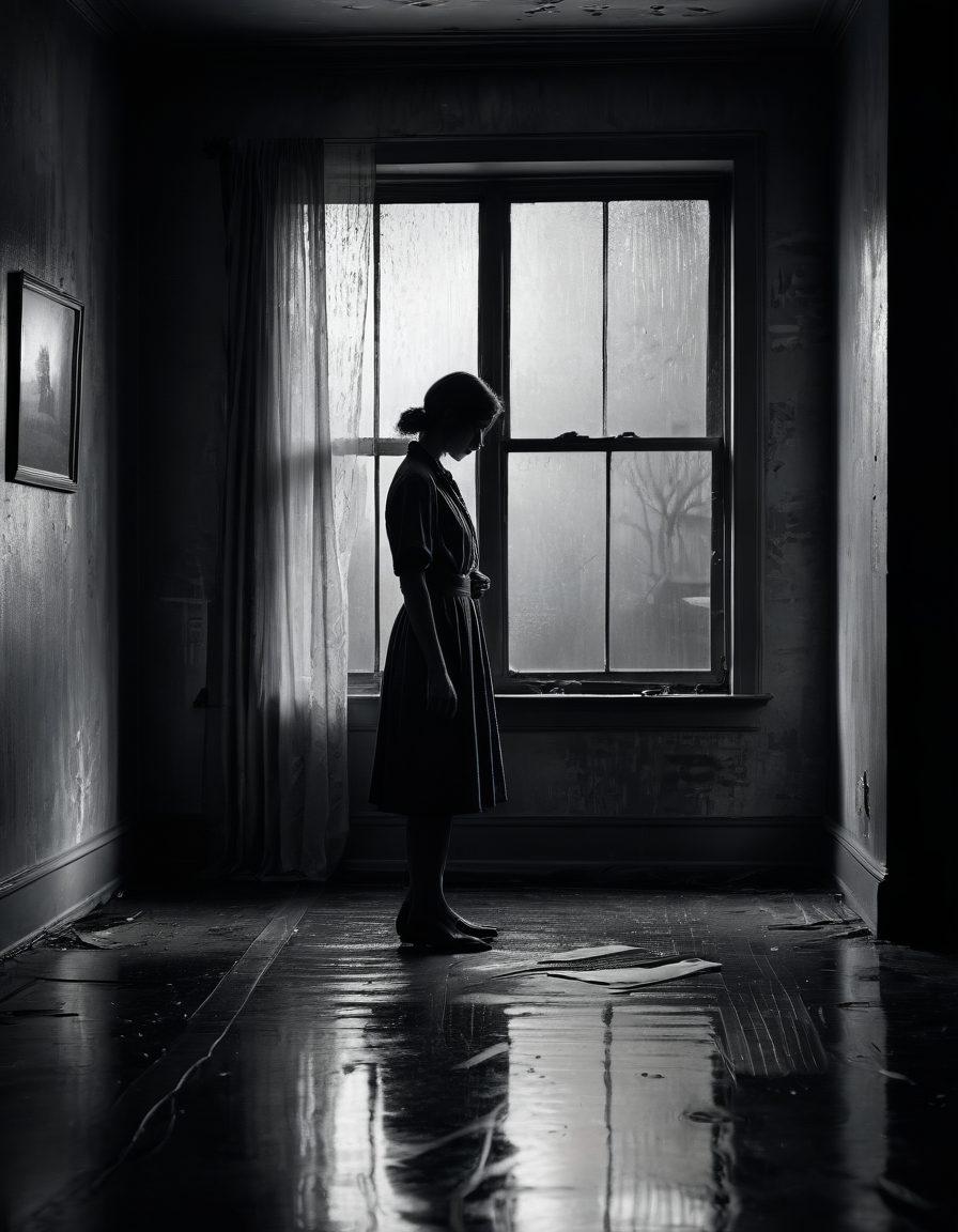 A moody, dimly lit room filled with vintage photographs hung on peeling walls, each telling a story of loss and longing. A solitary figure gazes out of a rain-streaked window, their expression contemplative and melancholic. Soft shadows and diffused light create a haunting atmosphere, evoking feelings of nostalgia and sorrow. The color palette should be muted with shades of gray and blue to emphasize the mood. super-realistic. soft focus. monochrome tones.